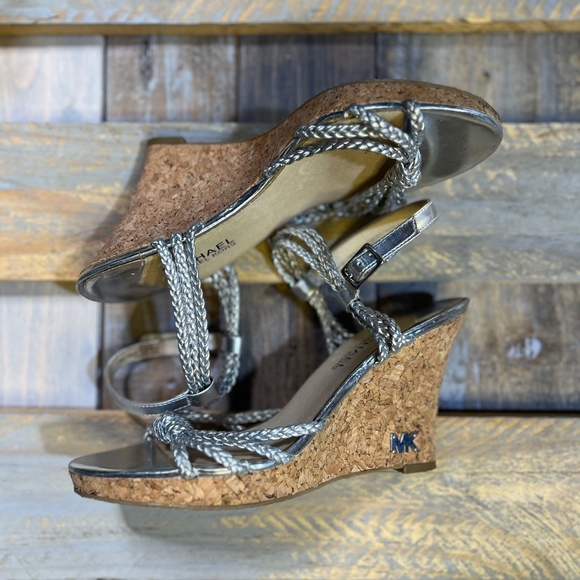EUC [Michael Kors] Braided < Palm Beach > Silver Strappy Cork Wedge Sandals | 7 - Picture 10 of 13
